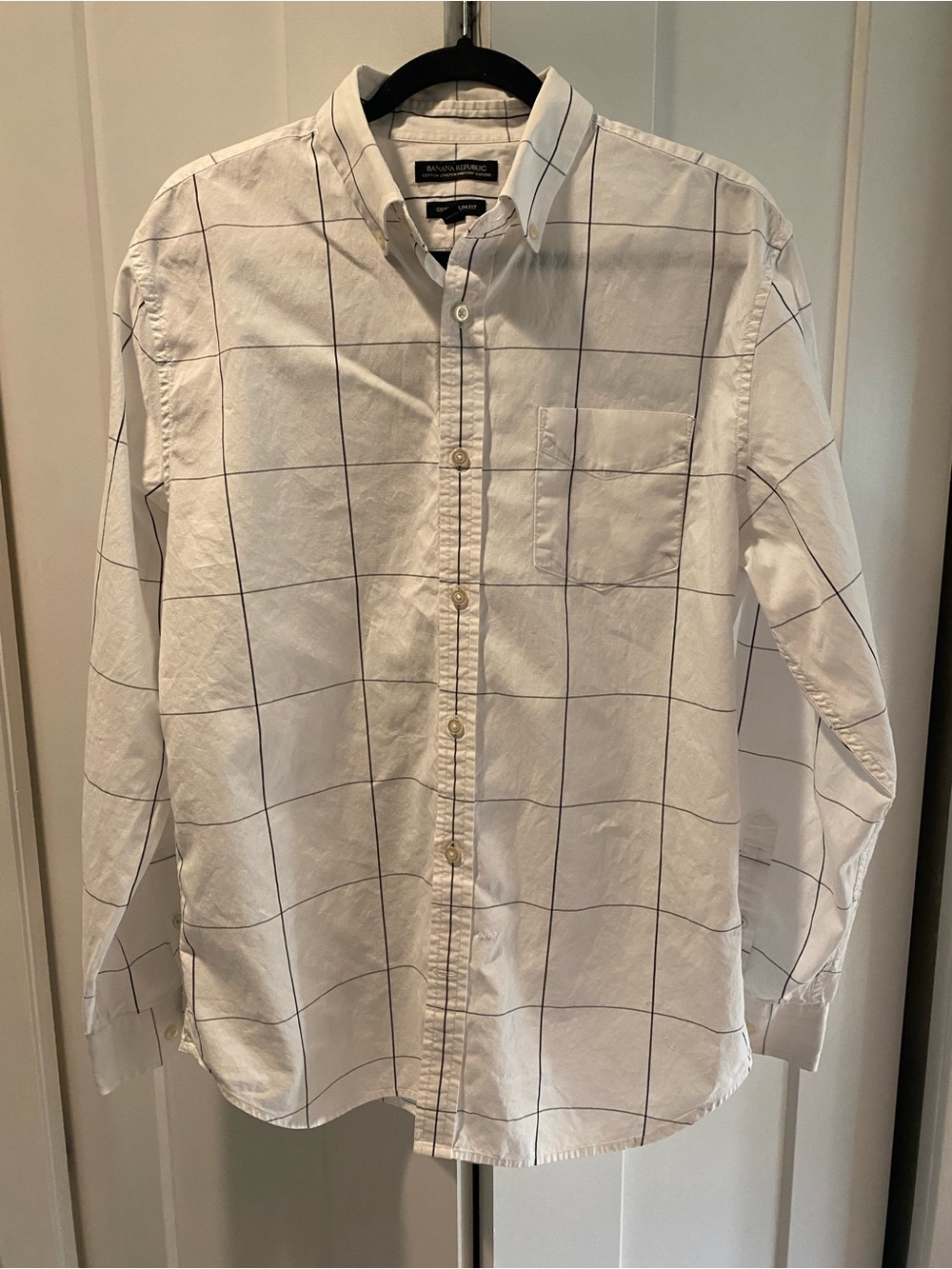 Banana Republic White Windowpane Button-Down Shirt with Black Grid